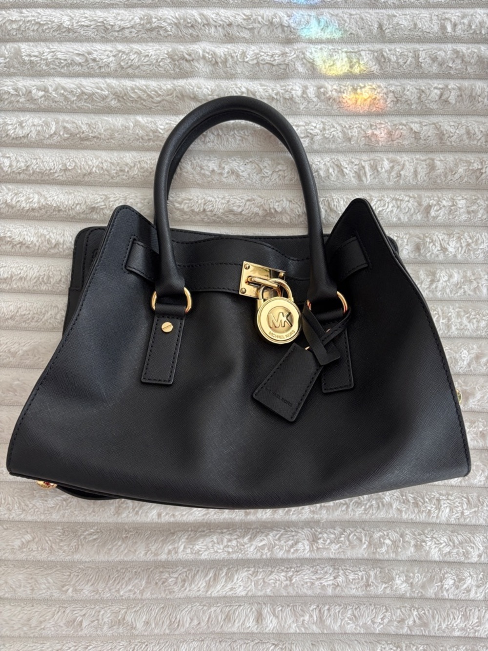 Michael Kors Black Leather Satchel with Gold-Tone Charm
